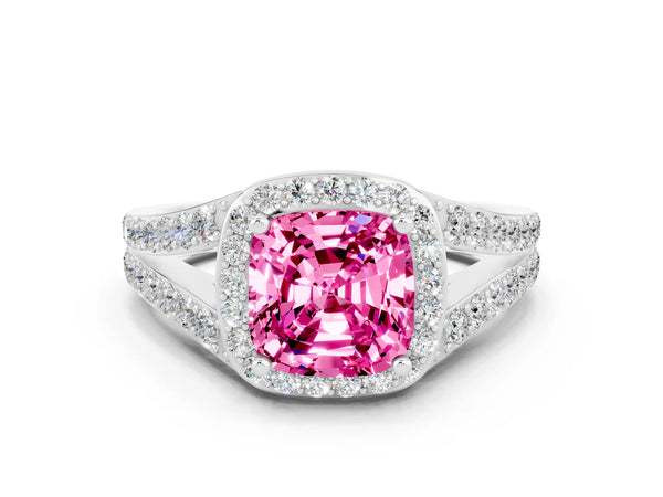Silver Cushion Cut Pink Sapphire Split Shank Halo Ring with Four-Prong Setting