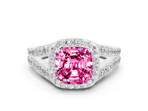 White gold Cushion Cut Pink Sapphire Split Shank Halo Ring with Four-Prong Setting_61