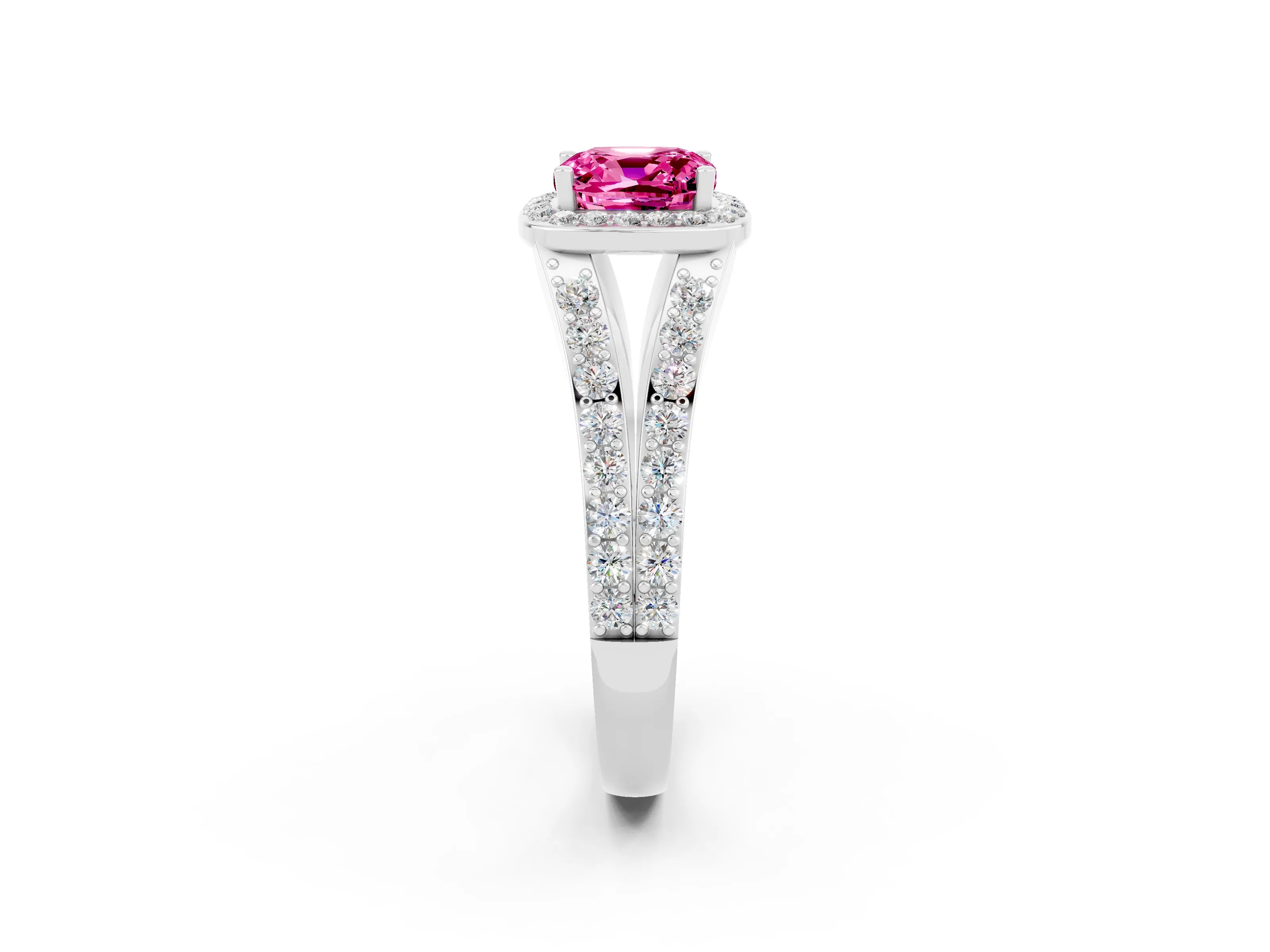 White gold Cushion Cut Pink Sapphire Split Shank Halo Ring with Four-Prong Setting_62