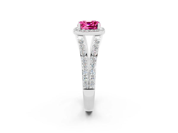 Platinum Cushion Cut Pink Sapphire Split Shank Halo Ring with Four-Prong Setting