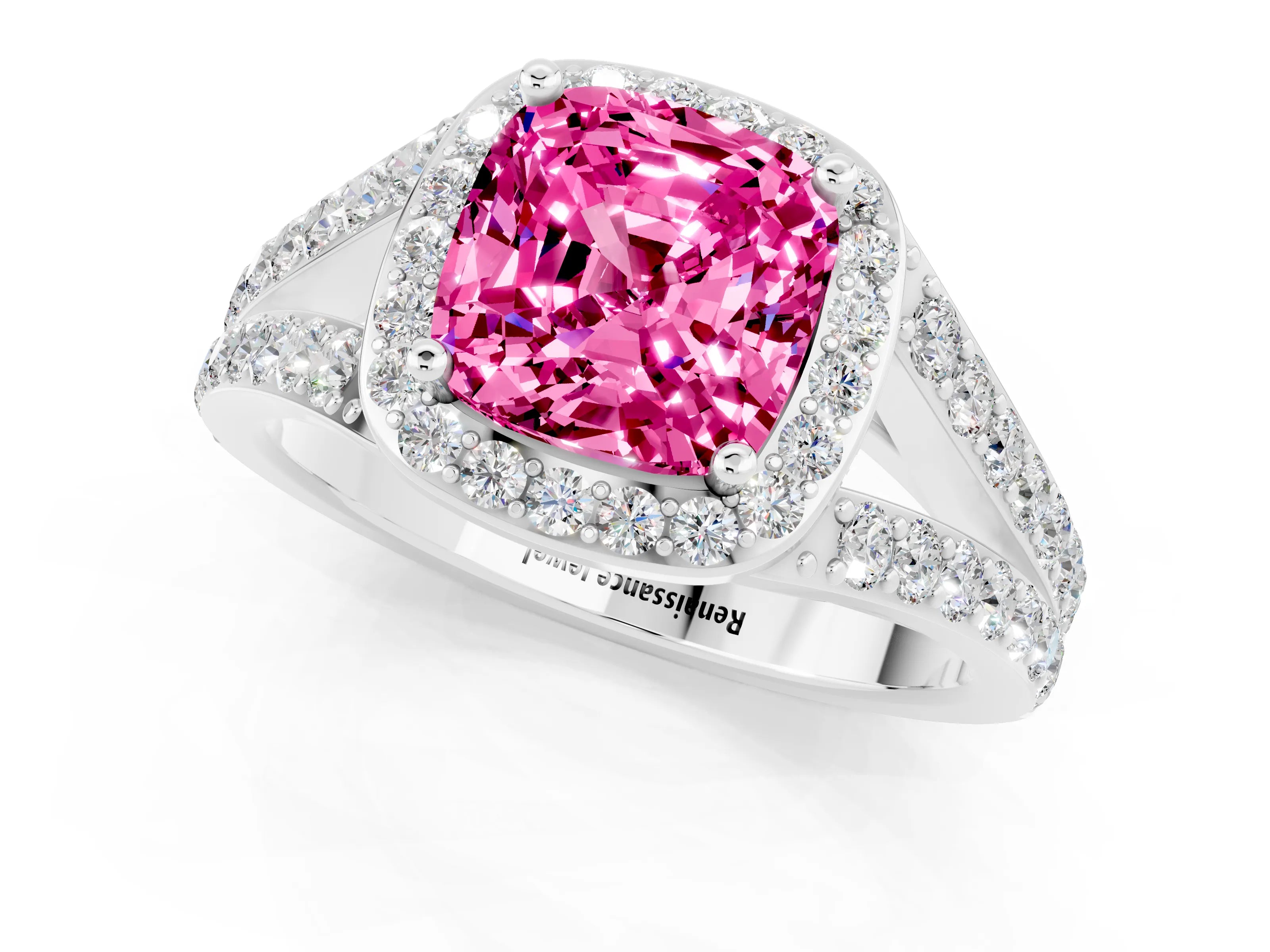 White gold Cushion Cut Pink Sapphire Split Shank Halo Ring with Four-Prong Setting_62