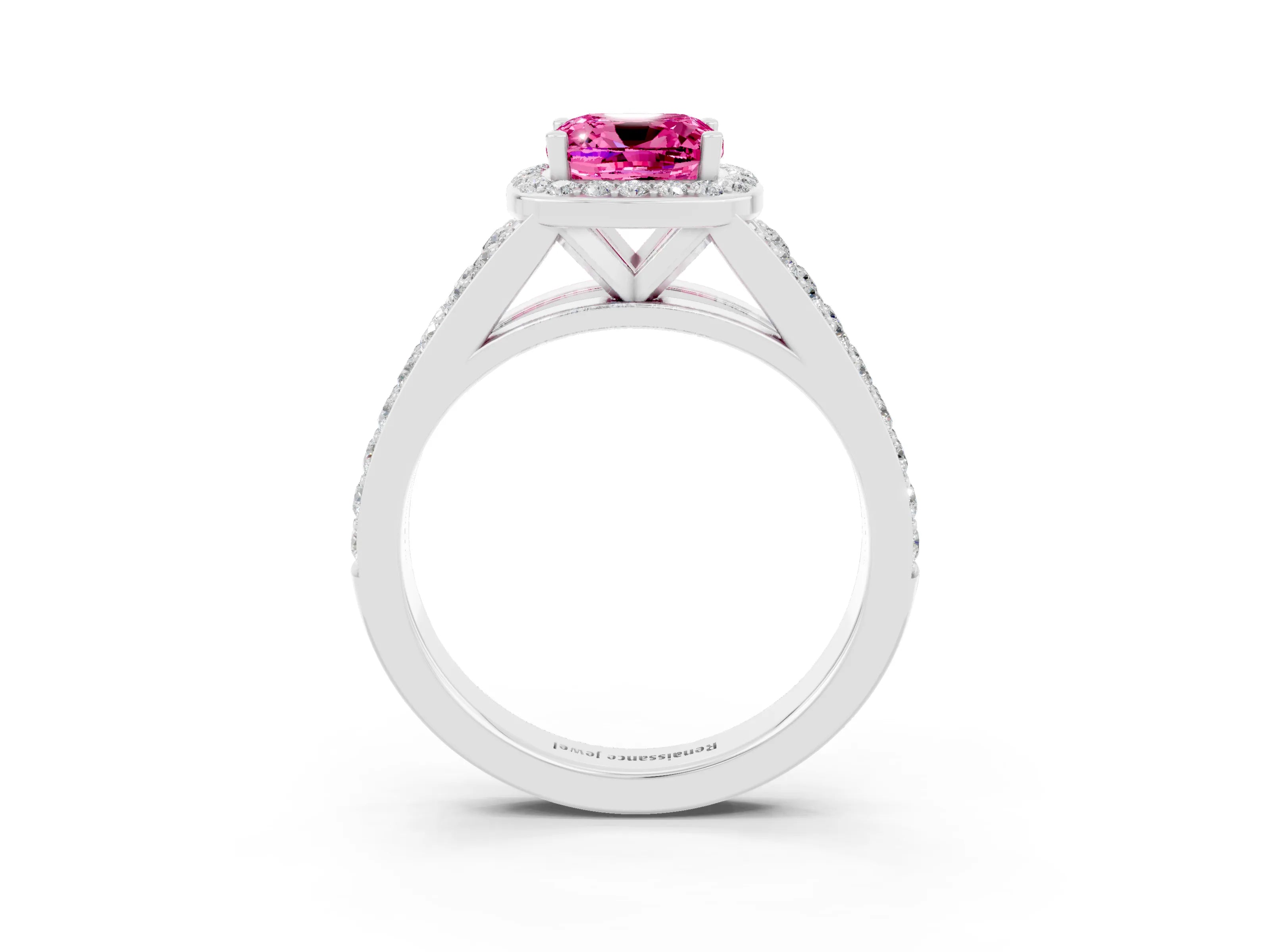 White gold Cushion Cut Pink Sapphire Split Shank Halo Ring with Four-Prong Setting_64