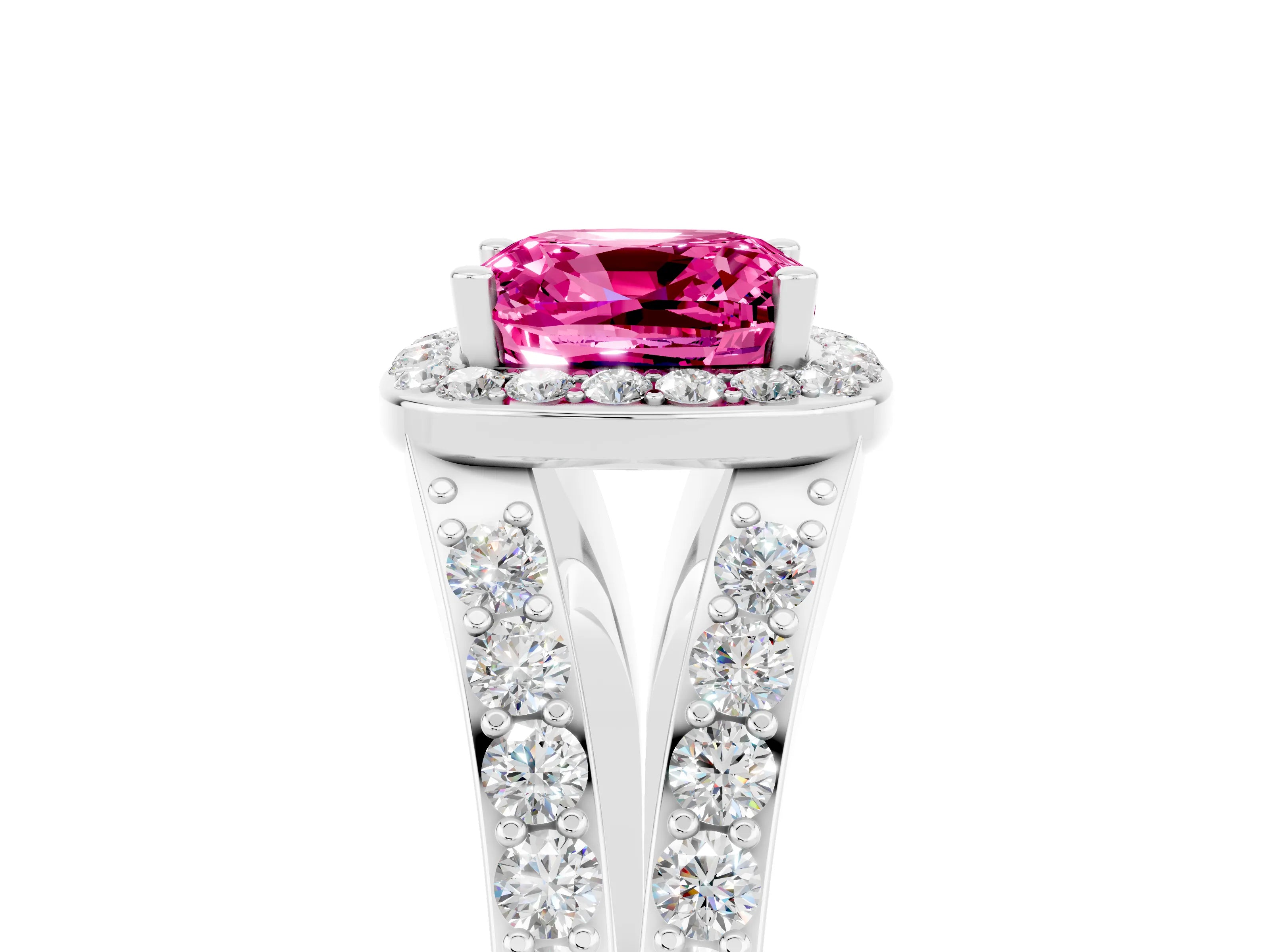 White gold Cushion Cut Pink Sapphire Split Shank Halo Ring with Four-Prong Setting_65
