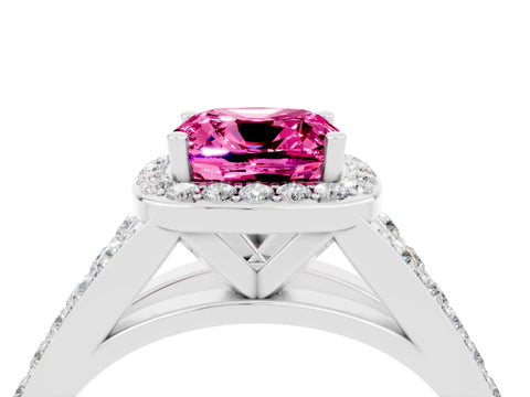 White gold Cushion Cut Pink Sapphire Split Shank Halo Ring with Four-Prong Setting_65