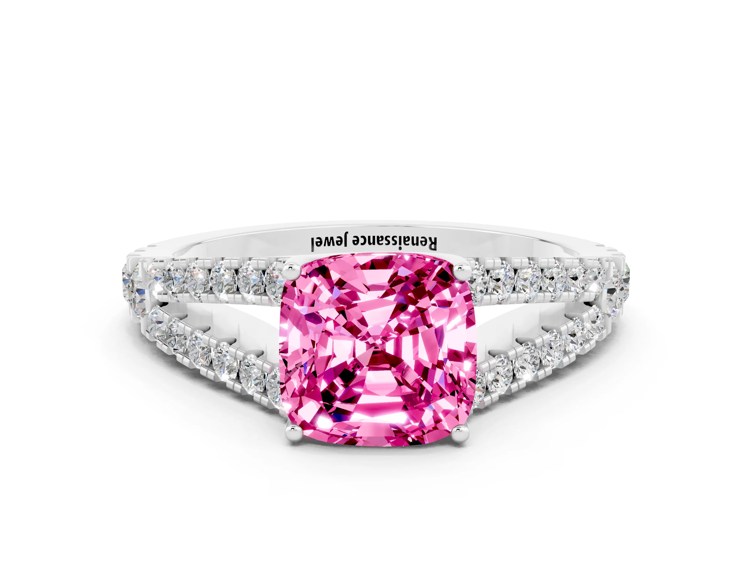 White gold Cushion Cut Pink Sapphire Split Shank Pavé Engagement Ring with Four-Prong Setting_12