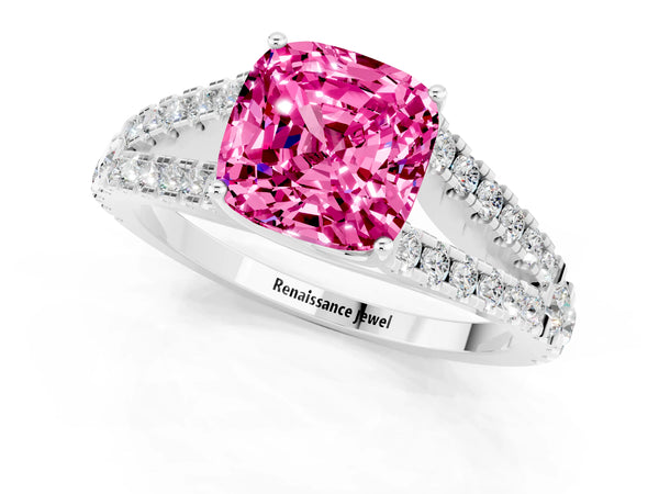 Silver Cushion Cut Pink Sapphire Split Shank Pavé Engagement Ring with Four-Prong Setting