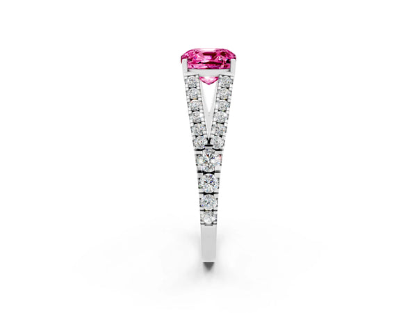 Platinum Cushion Cut Pink Sapphire Split Shank Pavé Engagement Ring with Four-Prong Setting