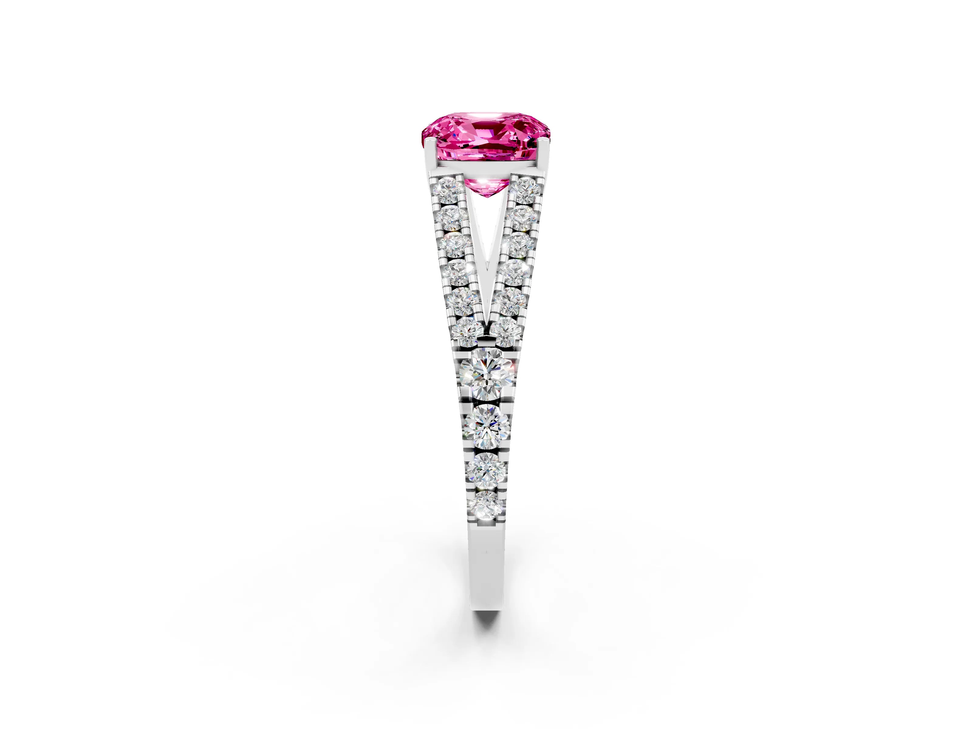 White gold Cushion Cut Pink Sapphire Split Shank Pavé Engagement Ring with Four-Prong Setting_14