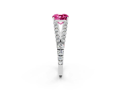 White gold Cushion Cut Pink Sapphire Split Shank Pavé Engagement Ring with Four-Prong Setting_14