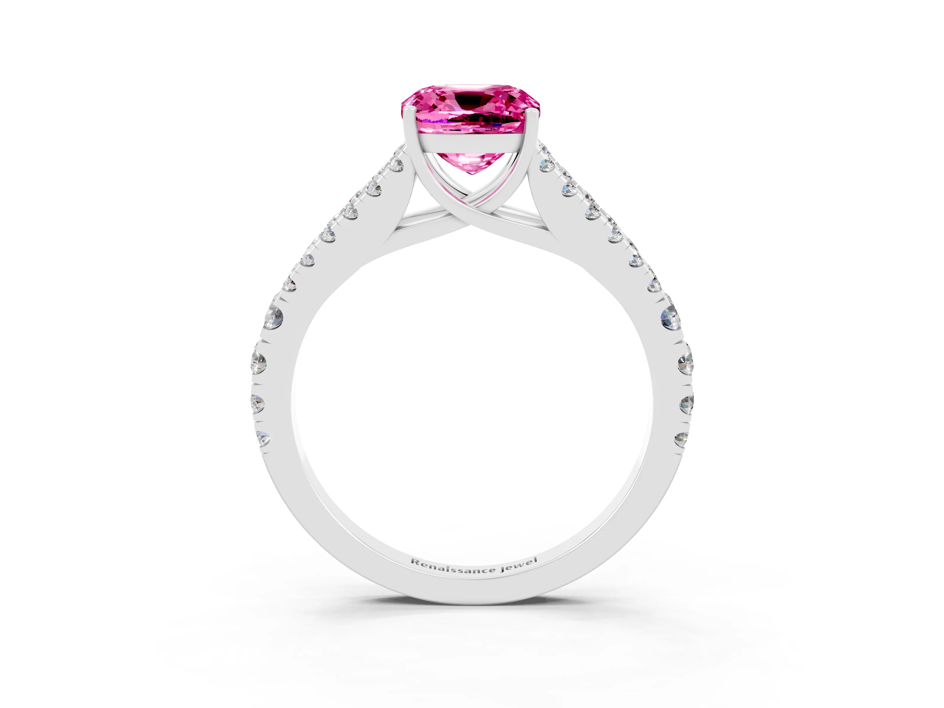 White gold Cushion Cut Pink Sapphire Split Shank Pavé Engagement Ring with Four-Prong Setting_15