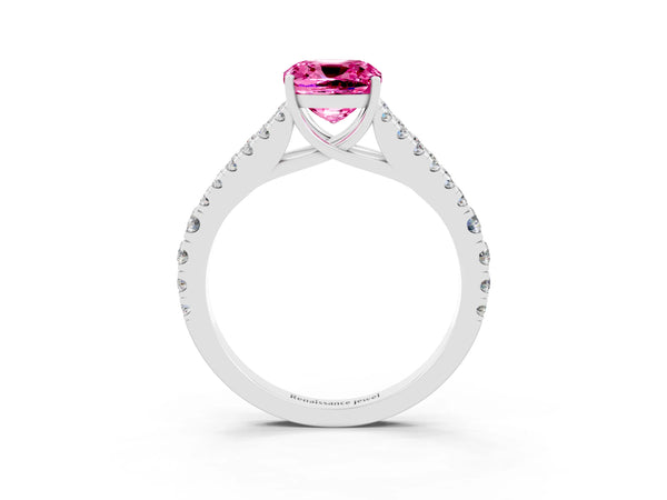 Silver Cushion Cut Pink Sapphire Split Shank Pavé Engagement Ring with Four-Prong Setting