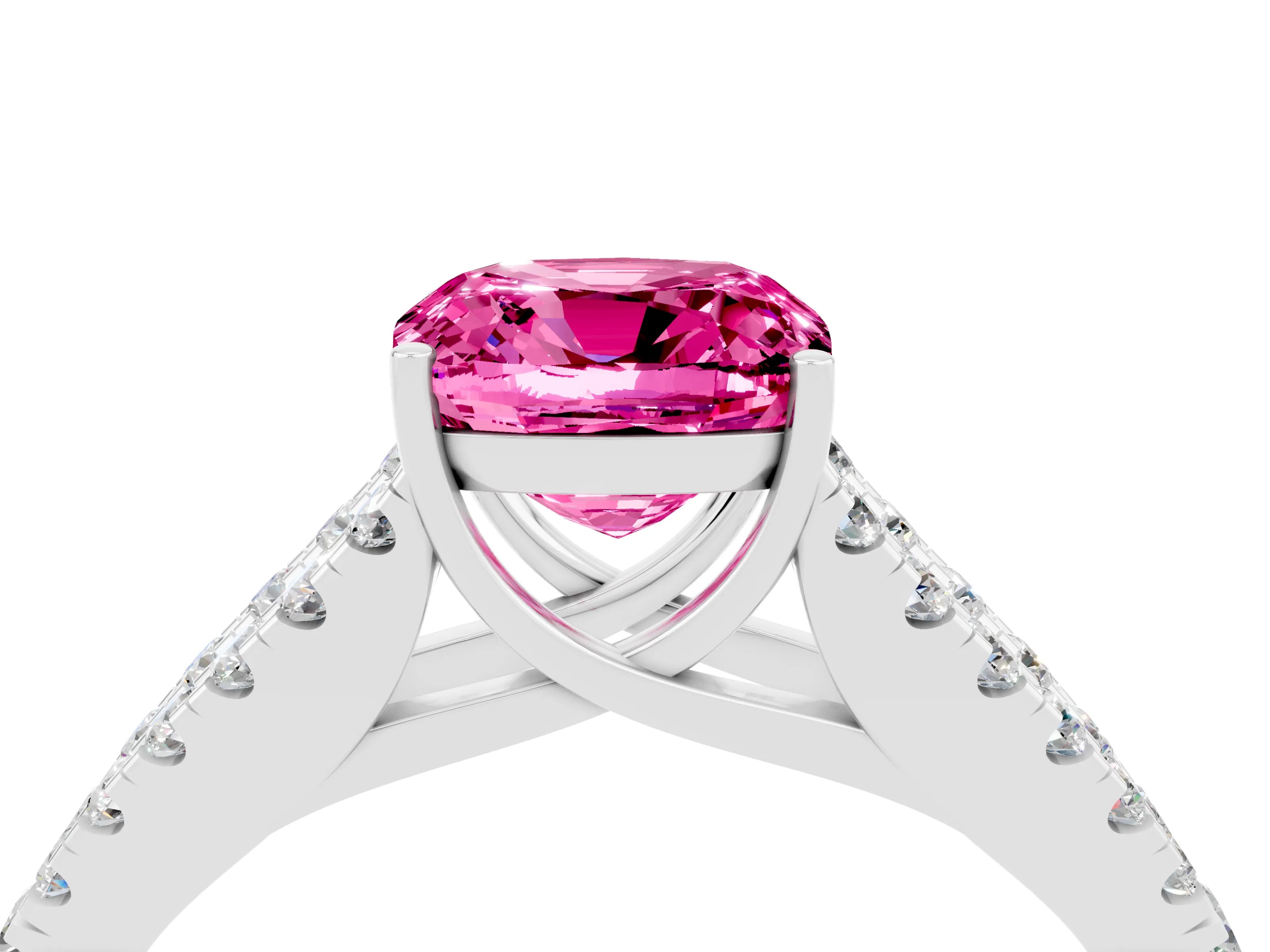 White gold Cushion Cut Pink Sapphire Split Shank Pavé Engagement Ring with Four-Prong Setting_16