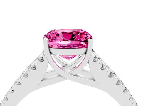 White gold Cushion Cut Pink Sapphire Split Shank Pavé Engagement Ring with Four-Prong Setting_16