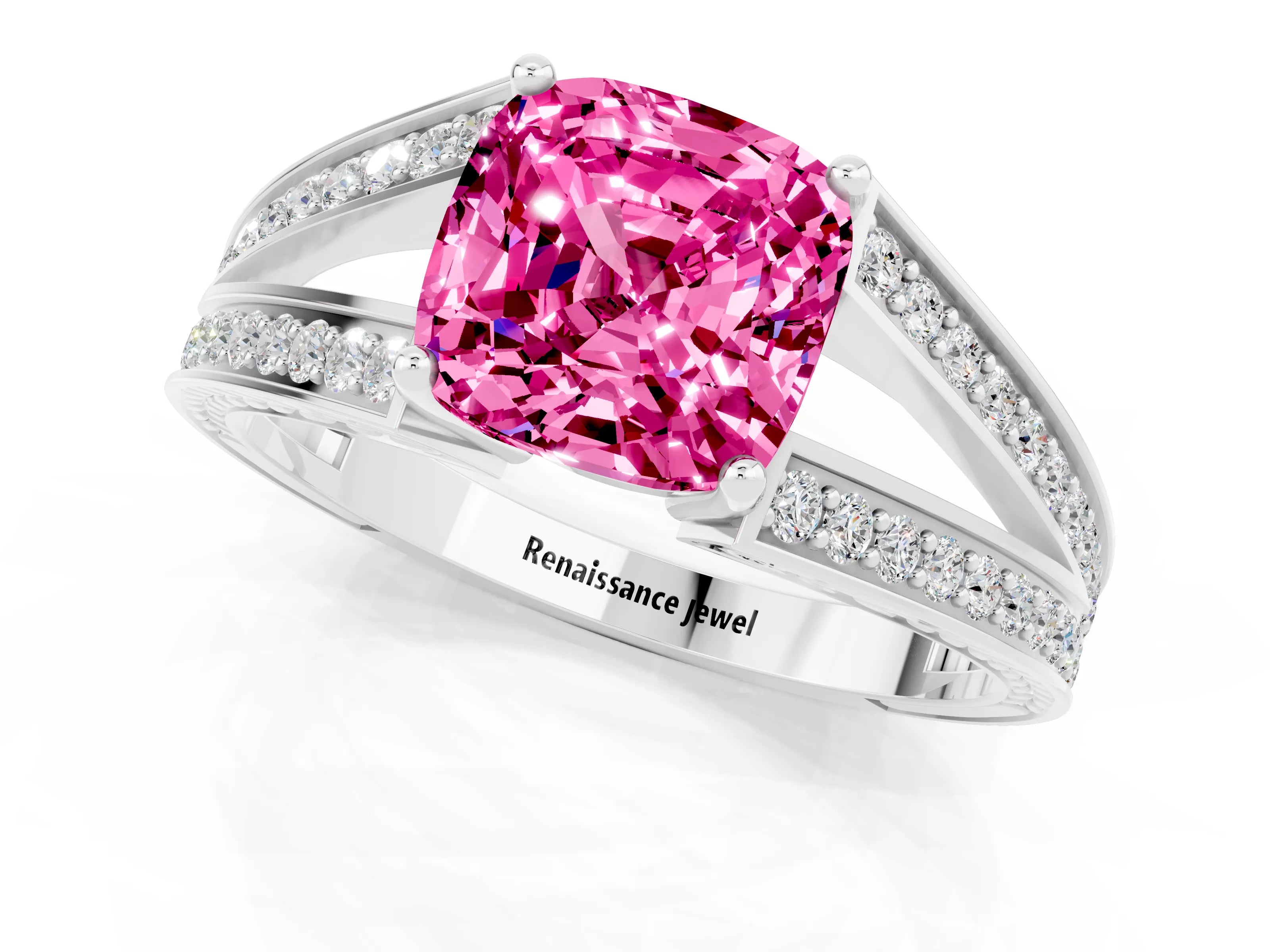 White gold Cushion Cut Pink Sapphire Split Shank Ring with Pavé Band and Four-Prong Setting_1