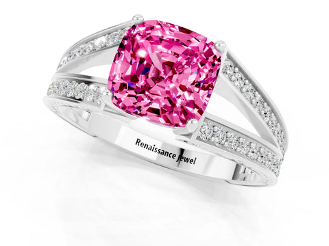 White gold Cushion Cut Pink Sapphire Split Shank Ring with Pavé Band and Four-Prong Setting_1