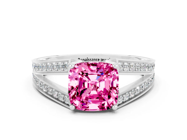 Silver Cushion Cut Pink Sapphire Split Shank Ring with Pavé Band and Four-Prong Setting