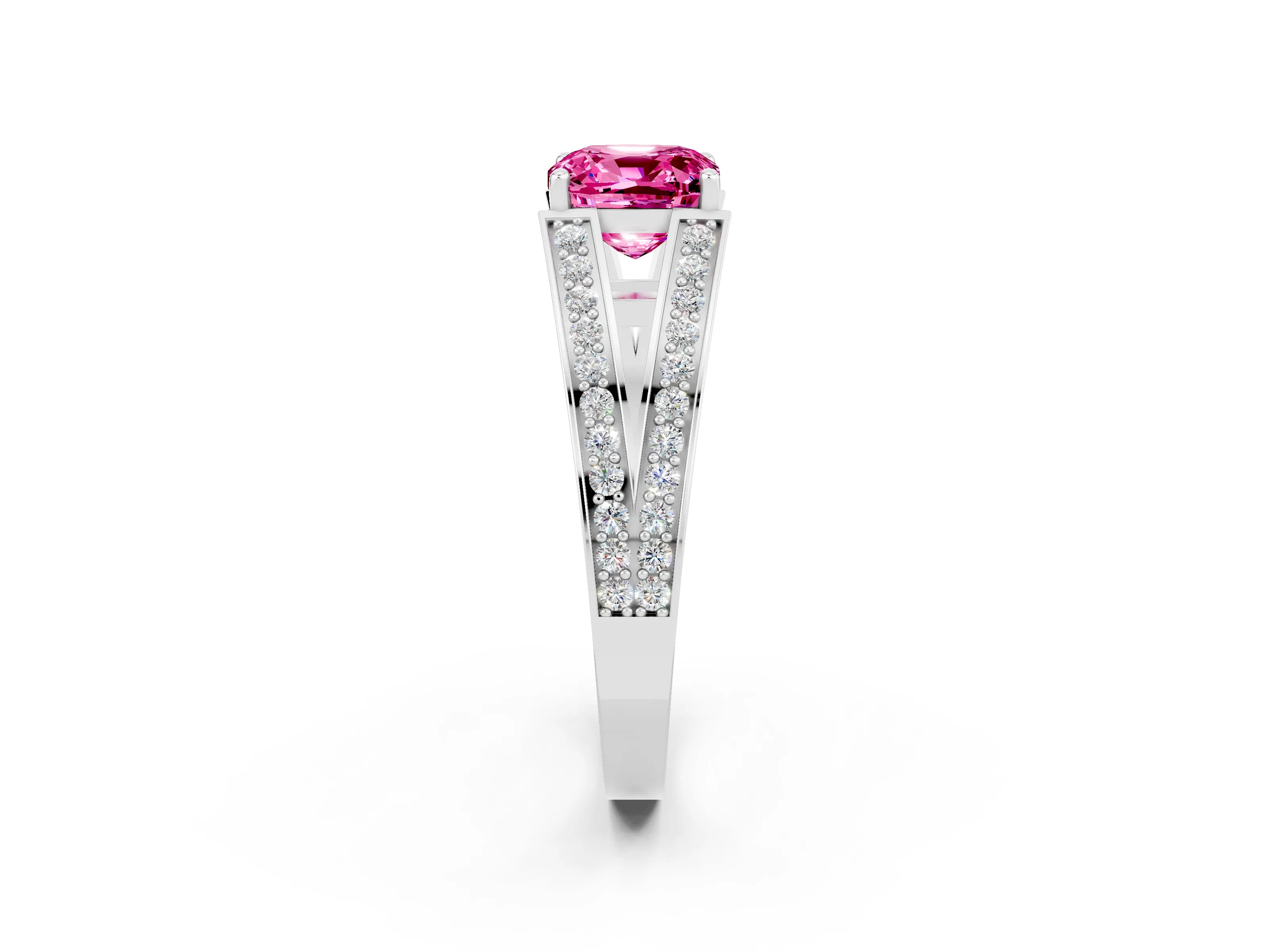 White gold Cushion Cut Pink Sapphire Split Shank Ring with Pavé Band and Four-Prong Setting_2