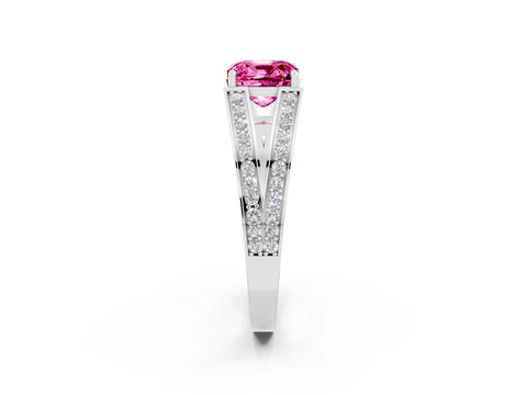 White gold Cushion Cut Pink Sapphire Split Shank Ring with Pavé Band and Four-Prong Setting_2
