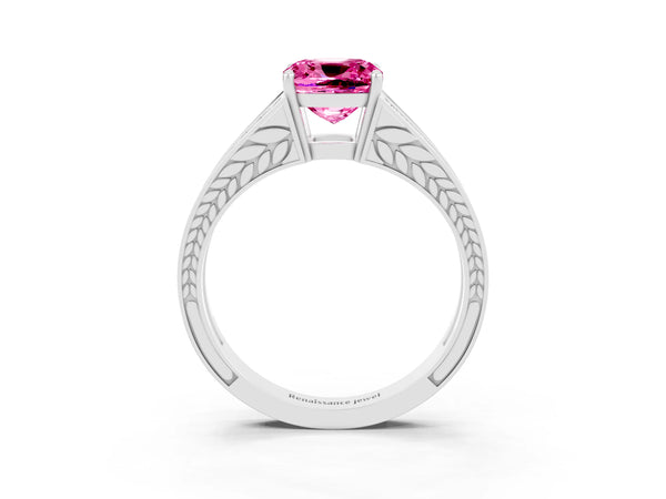 Platinum Cushion Cut Pink Sapphire Split Shank Ring with Pavé Band and Four-Prong Setting