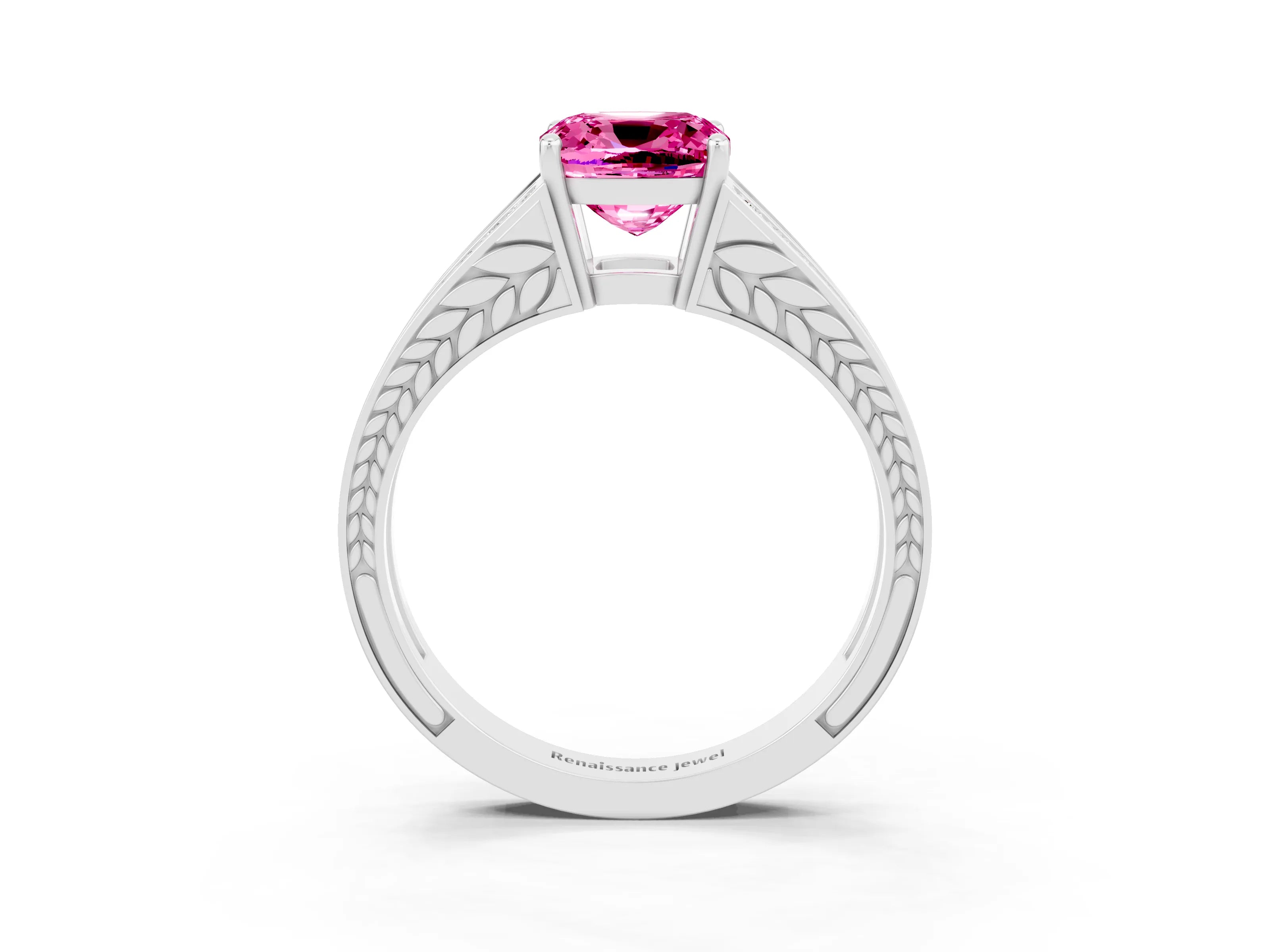 White gold Cushion Cut Pink Sapphire Split Shank Ring with Pavé Band and Four-Prong Setting_3
