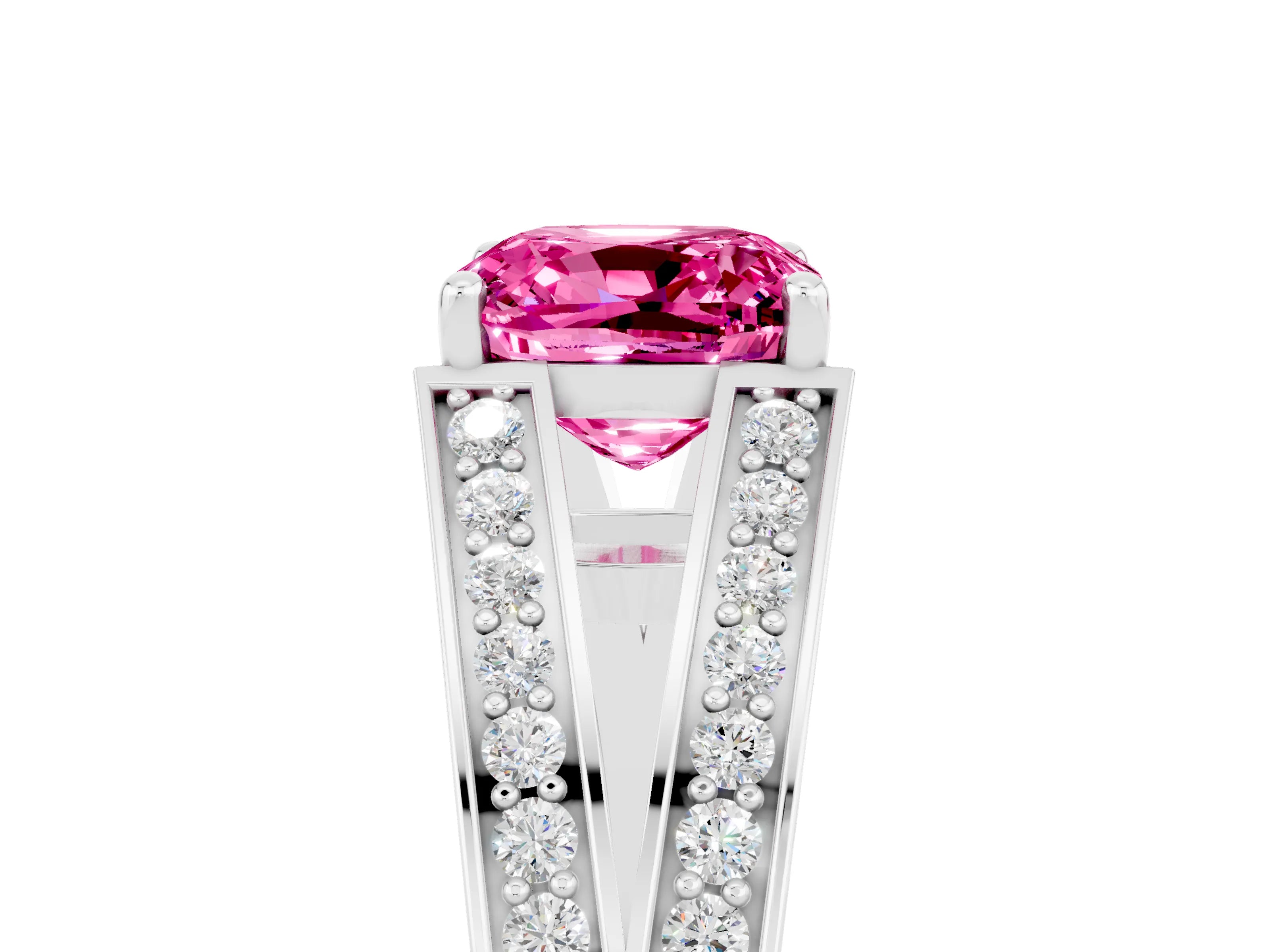 White gold Cushion Cut Pink Sapphire Split Shank Ring with Pavé Band and Four-Prong Setting_5