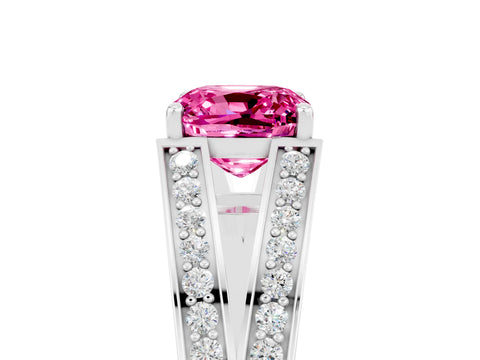 White gold Cushion Cut Pink Sapphire Split Shank Ring with Pavé Band and Four-Prong Setting_5