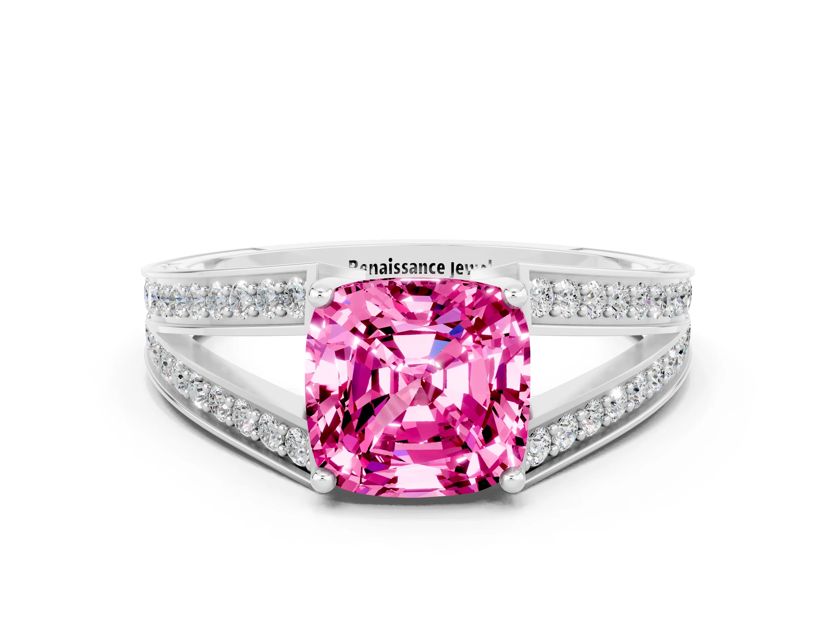 White gold Cushion Cut Pink Sapphire Split Shank Ring with Pavé Band and Four-Prong Setting