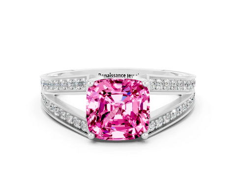 White gold Cushion Cut Pink Sapphire Split Shank Ring with Pavé Band and Four-Prong Setting