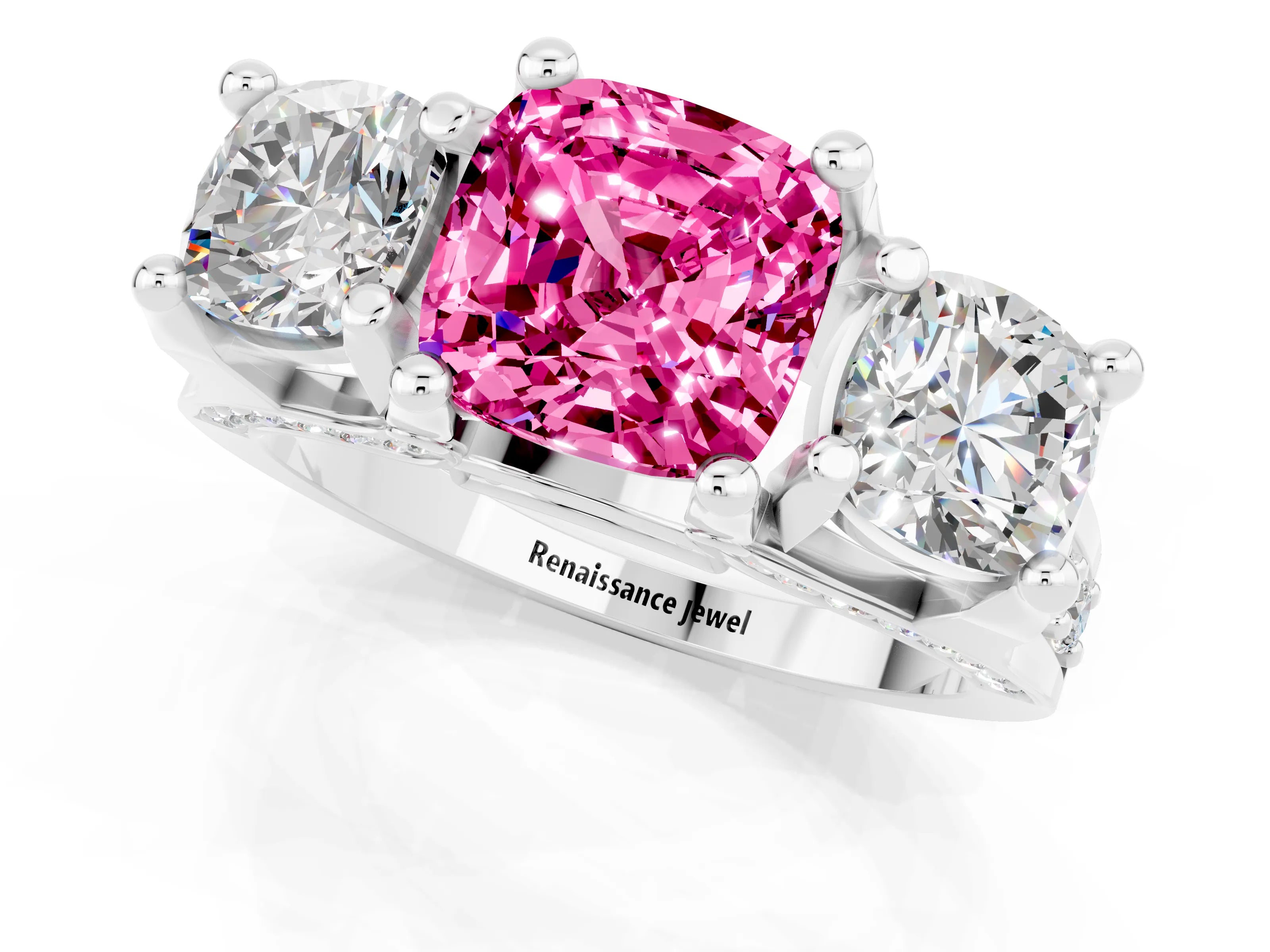 White gold Cushion Cut Pink Sapphire Three-Stone Ring with Channel Set Band and Four-Prong Setting_1