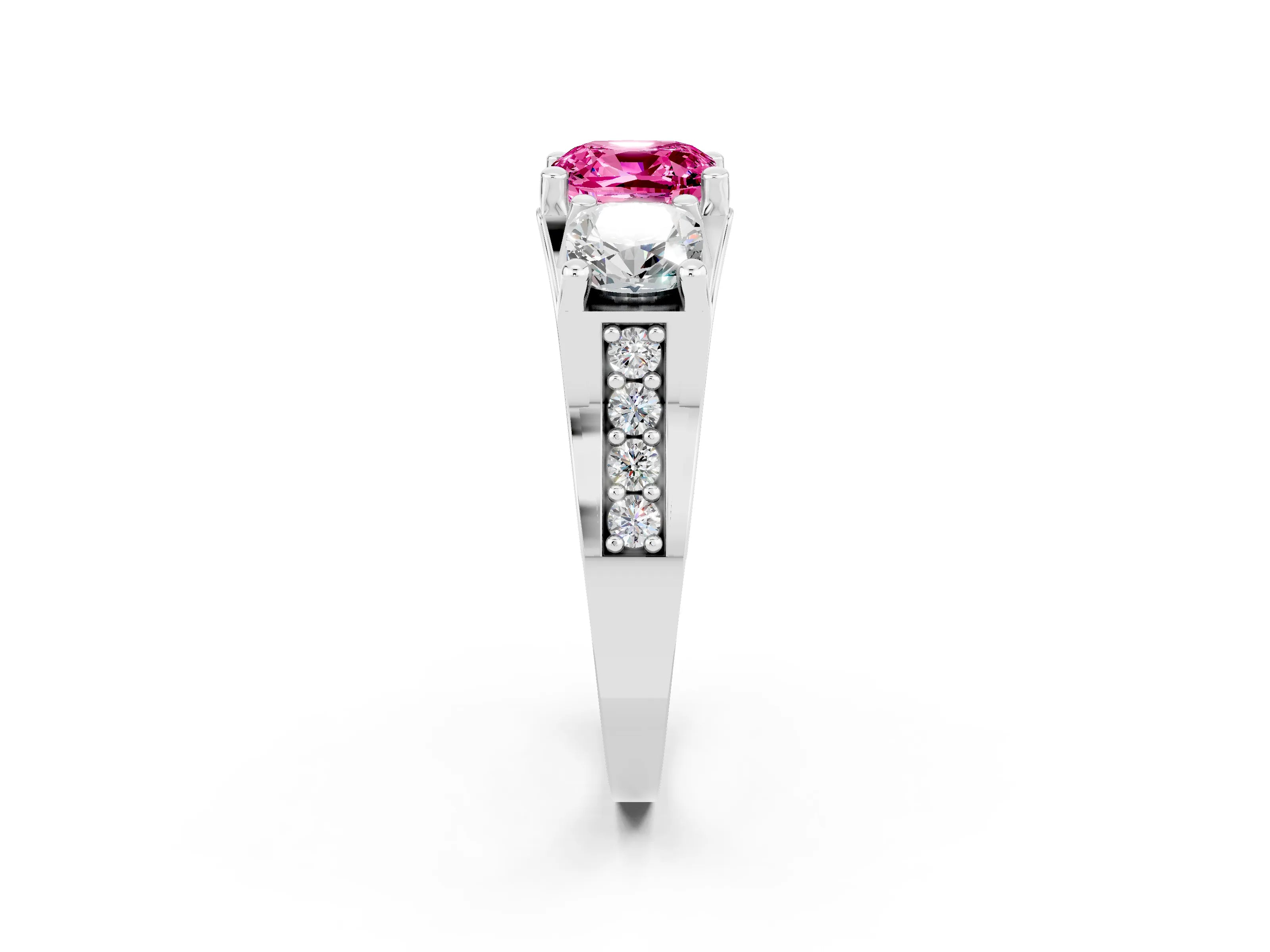 White gold Cushion Cut Pink Sapphire Three-Stone Ring with Channel Set Band and Four-Prong Setting_2