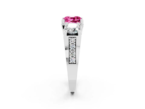 White gold Cushion Cut Pink Sapphire Three-Stone Ring with Channel Set Band and Four-Prong Setting_2