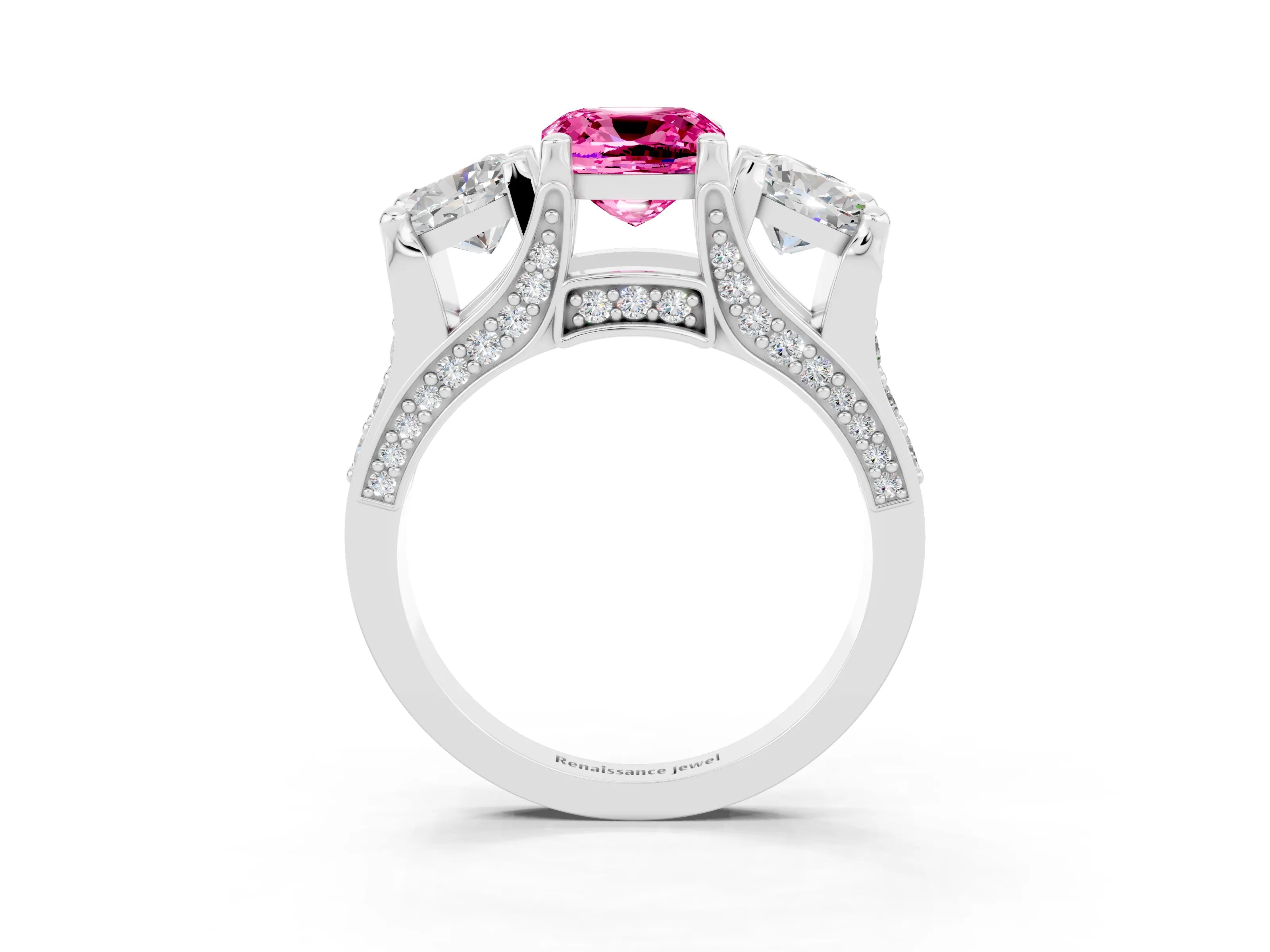 White gold Cushion Cut Pink Sapphire Three-Stone Ring with Channel Set Band and Four-Prong Setting_3