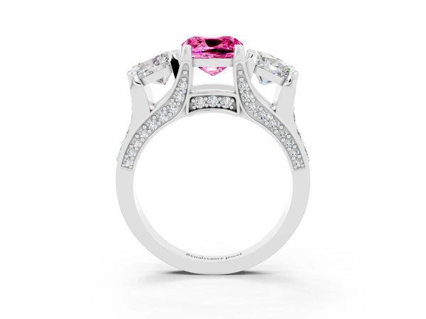 White gold Cushion Cut Pink Sapphire Three-Stone Ring with Channel Set Band and Four-Prong Setting