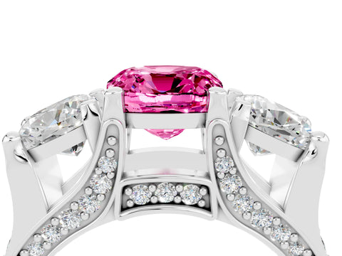 White gold Cushion Cut Pink Sapphire Three-Stone Ring with Channel Set Band and Four-Prong Setting_4