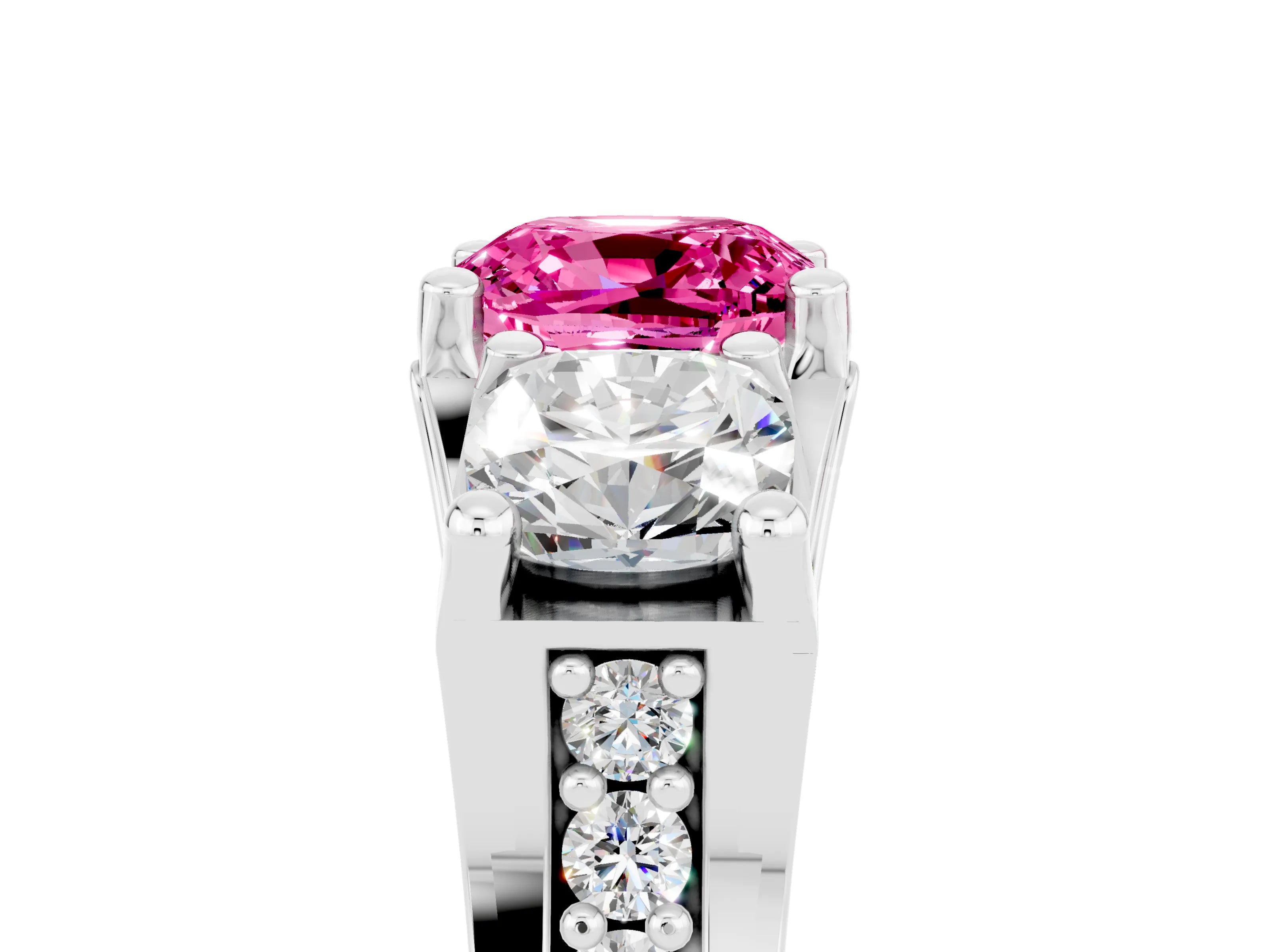 White gold Cushion Cut Pink Sapphire Three-Stone Ring with Channel Set Band and Four-Prong Setting_5