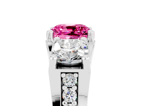 White gold Cushion Cut Pink Sapphire Three-Stone Ring with Channel Set Band and Four-Prong Setting_5