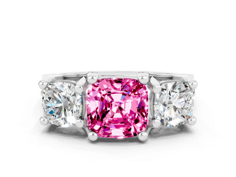 White gold Cushion Cut Pink Sapphire Three-Stone Ring with Channel Set Band and Four-Prong Setting
