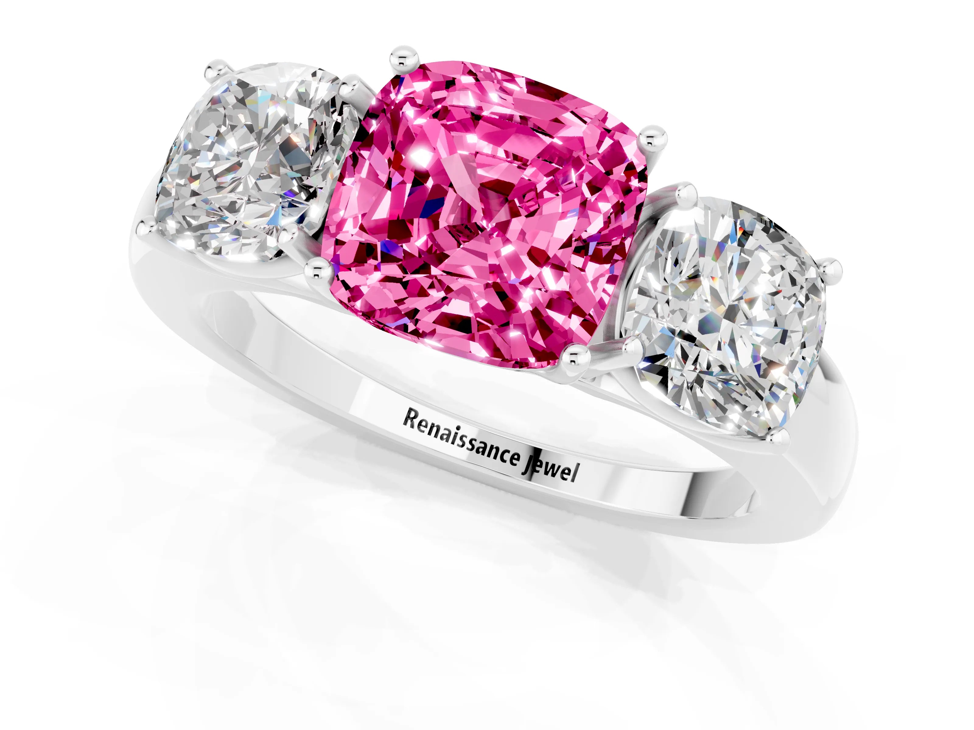 White gold Cushion Cut Pink Sapphire Three-Stone Ring with Four-Prong Setting and Classic Band_1