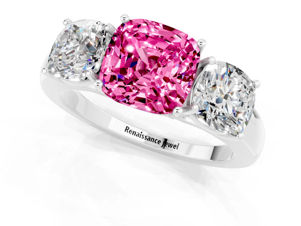 White gold Cushion Cut Pink Sapphire Three-Stone Ring with Four-Prong Setting and Classic Band