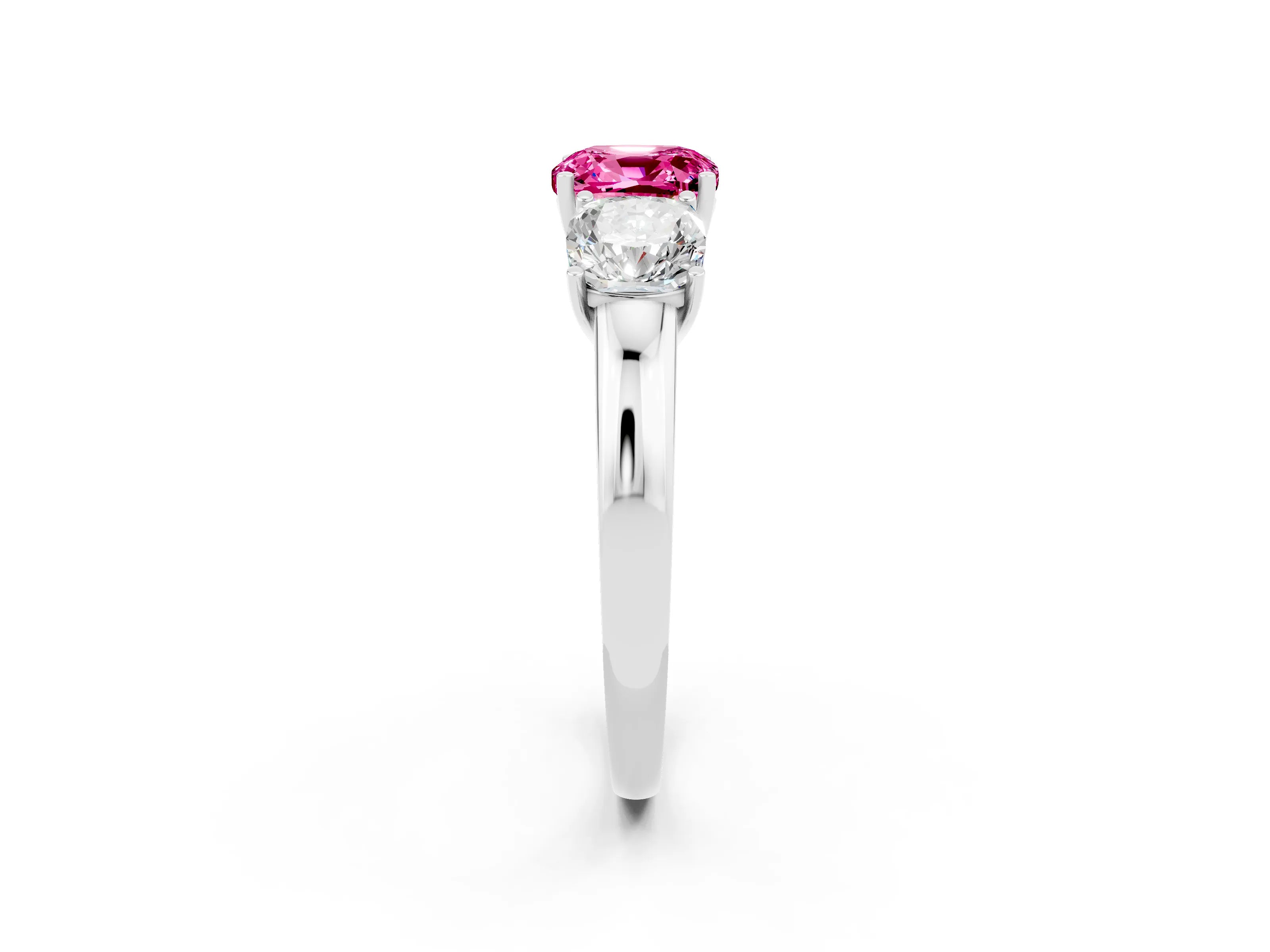 White gold Cushion Cut Pink Sapphire Three-Stone Ring with Four-Prong Setting and Classic Band_2
