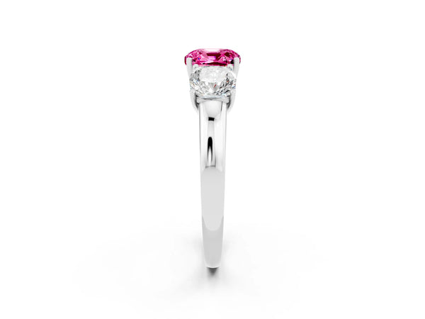 Silver Cushion Cut Pink Sapphire Three-Stone Ring with Four-Prong Setting and Classic Band
