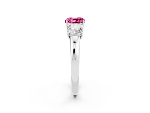 White gold Cushion Cut Pink Sapphire Three-Stone Ring with Four-Prong Setting and Classic Band_2