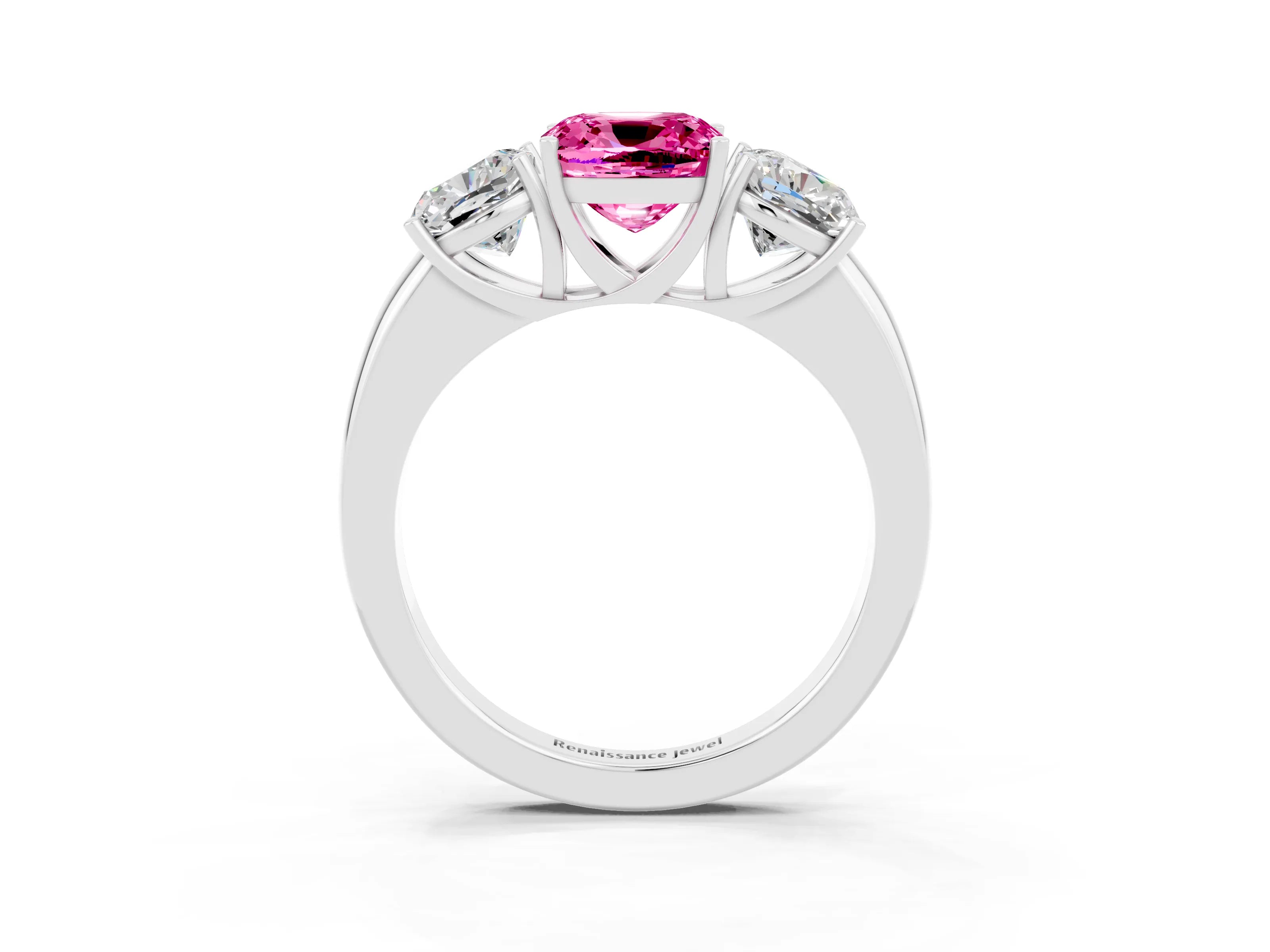 White gold Cushion Cut Pink Sapphire Three-Stone Ring with Four-Prong Setting and Classic Band_3