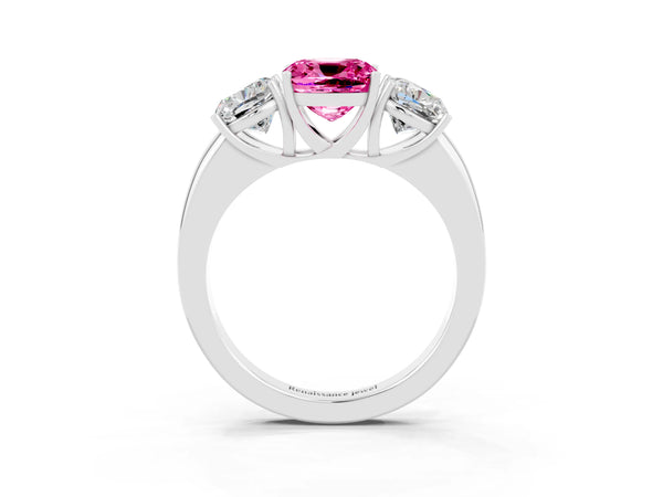 Silver Cushion Cut Pink Sapphire Three-Stone Ring with Four-Prong Setting and Classic Band