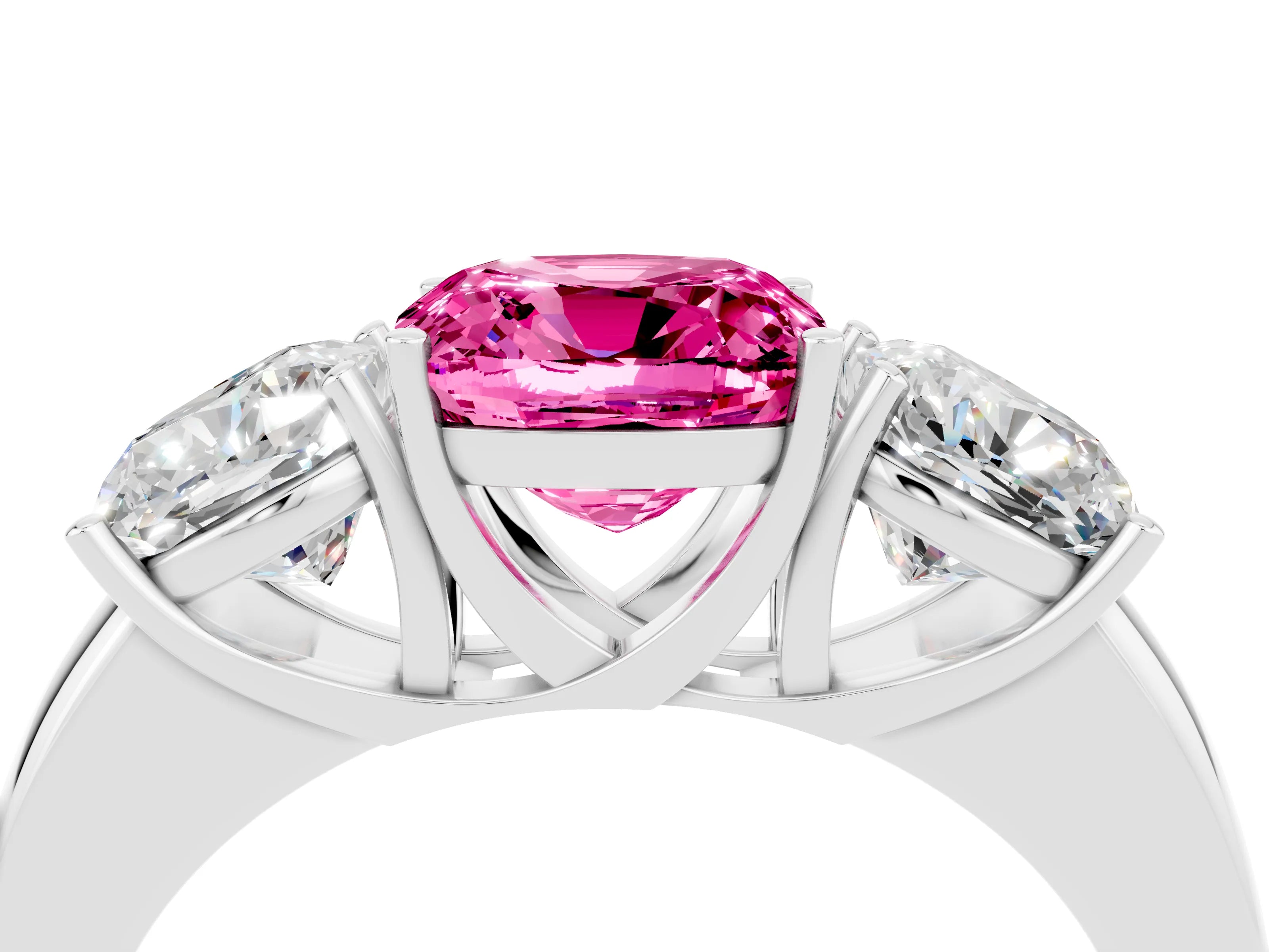 White gold Cushion Cut Pink Sapphire Three-Stone Ring with Four-Prong Setting and Classic Band_4