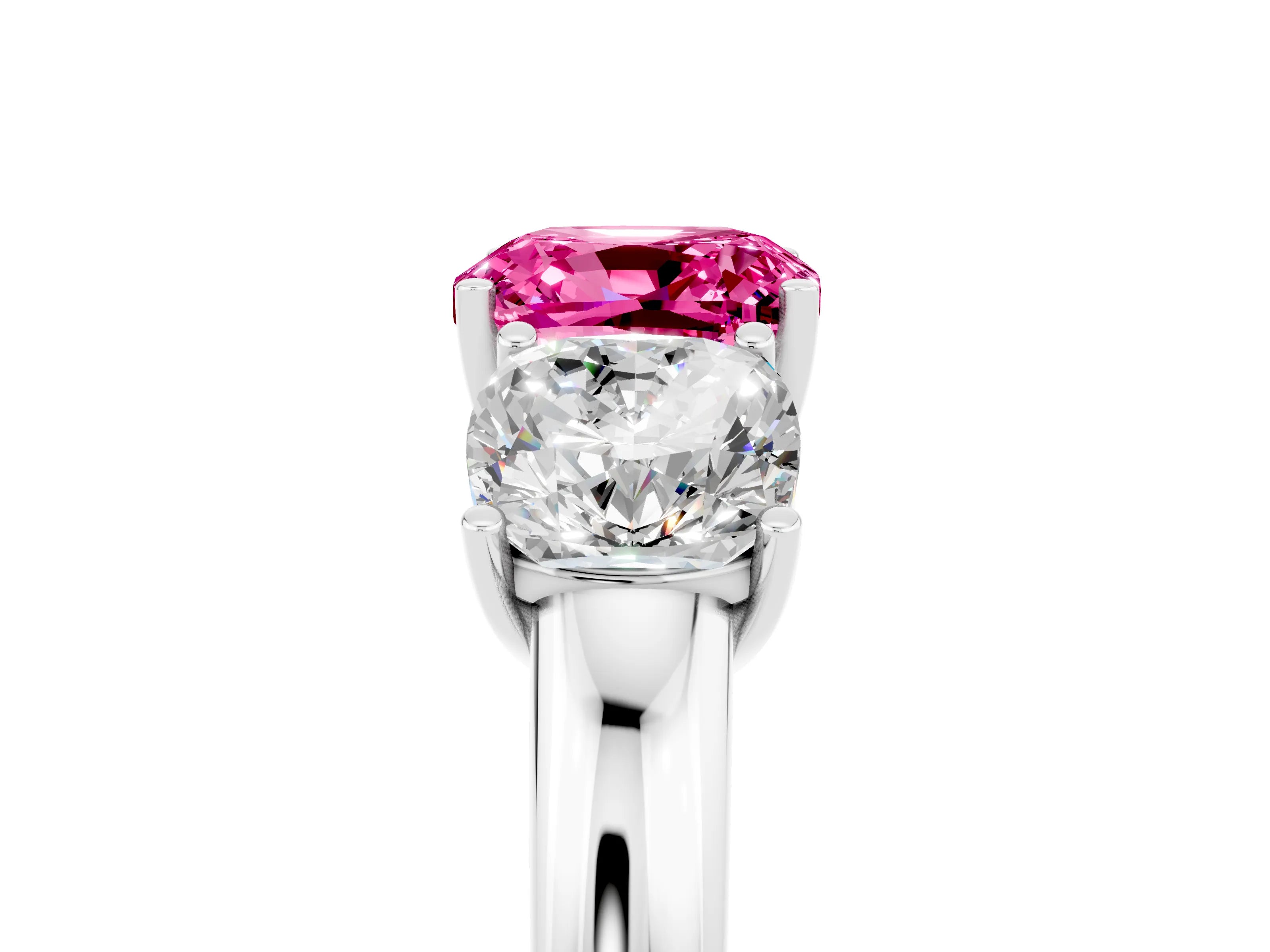 White gold Cushion Cut Pink Sapphire Three-Stone Ring with Four-Prong Setting and Classic Band_5