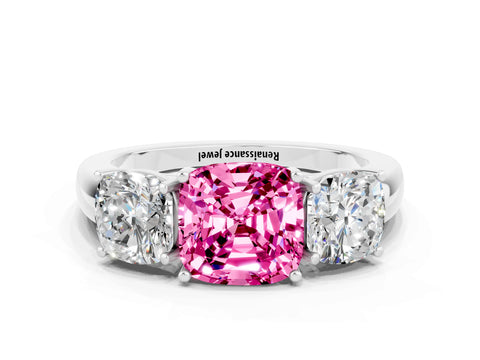 White gold Cushion Cut Pink Sapphire Three-Stone Ring with Four-Prong Setting and Classic Band