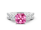 White gold Cushion Cut Pink Sapphire Three-Stone Ring with Pavé Split Shank and Four-Prong Setting_36