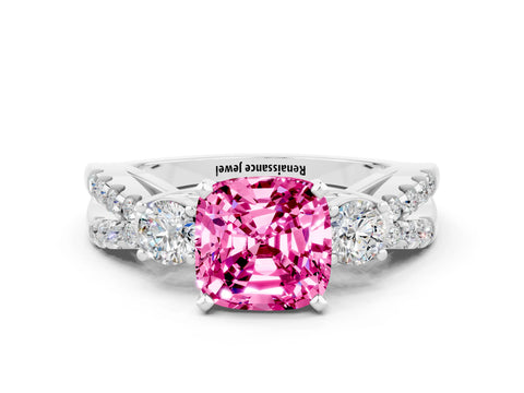 White gold Cushion Cut Pink Sapphire Three-Stone Ring with Pavé Split Shank and Four-Prong Setting_36