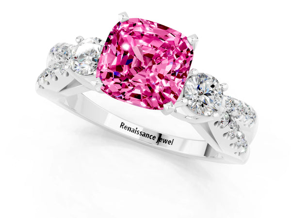 White gold Cushion Cut Pink Sapphire Three-Stone Ring with Pavé Split Shank and Four-Prong Setting